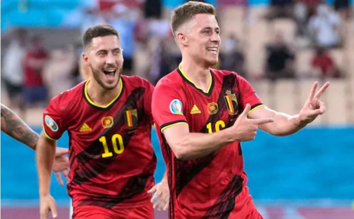 Belgium captain Eden Hazard celebrates a goal with his younger brother Thorgan Hazard against Portugal in the Euro 2020 round of 16. Belgium will meet Italy in the quarterfinal. [Photo: Courtesy]