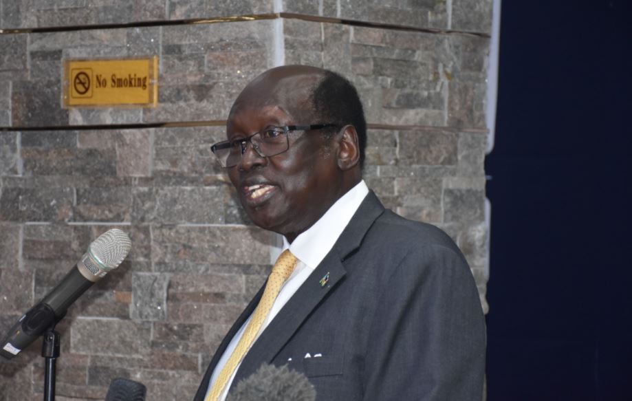The Minister of Presidential Affairs Dr Marial Benjamin addresses the fourth oil investment conference at Crown Hotel in Juba on June 29, 2021. [Kitab Unango, City Review]
